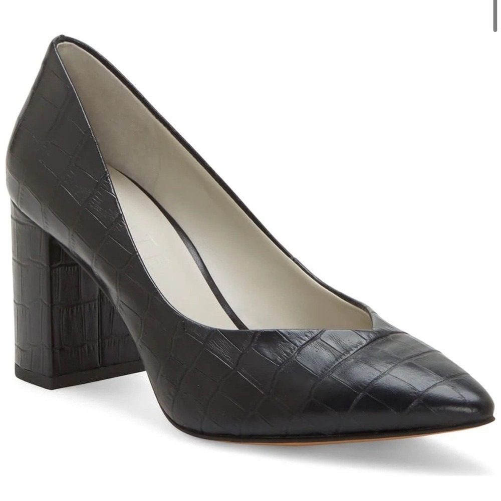 1.STATE | Women's Black Saffy Block Leather Embossed Croc Heel Pumps, Size 6